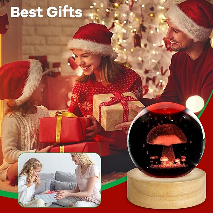 3D Mushroom Crystal Ball Night Light 2.4in Mushroom Figurines Decor Table Lamp with 16 Colors Change Mushroom Stuff for Room Birthday Christmas Mushroom Gifts for Women Friends Kids