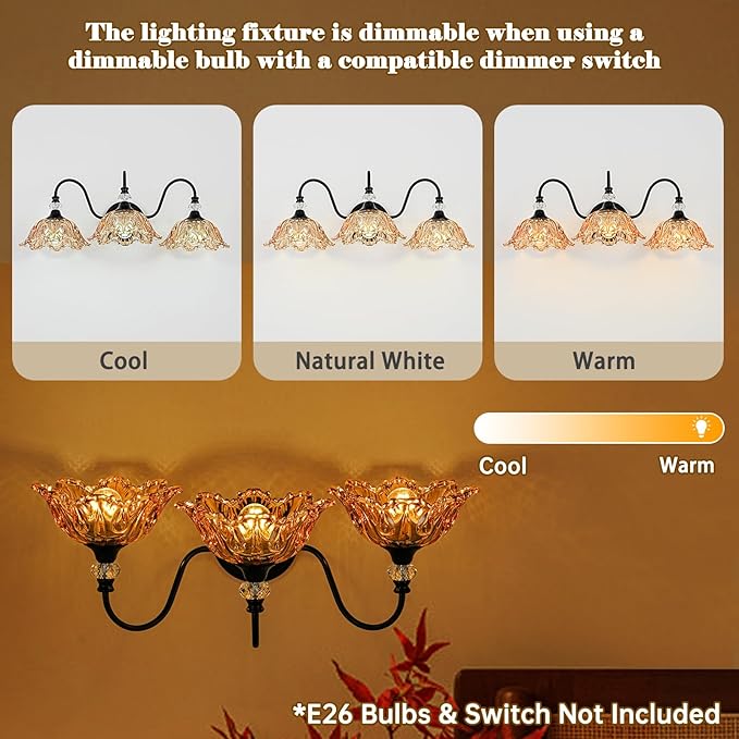 Black Bathroom Vanity Light,3-Light Vanity Light with Floral Amber Glass Shades,Vintage Farmhouse Wall Mount Lighting for Bathroom, Dressing Table