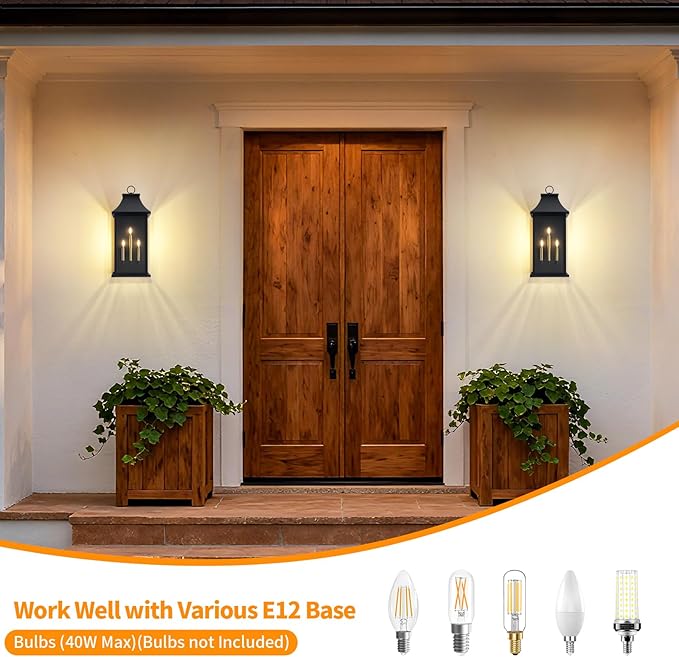 tewei 28'' Large Outdoor Wall Light, Porch Light Outdoor Wall Sconce Lantern, 3-Light Black Exterior Lighting Fixture Wall Mount E12 Gold Base, Outside Light for House Backyard Garage, 1-Pack