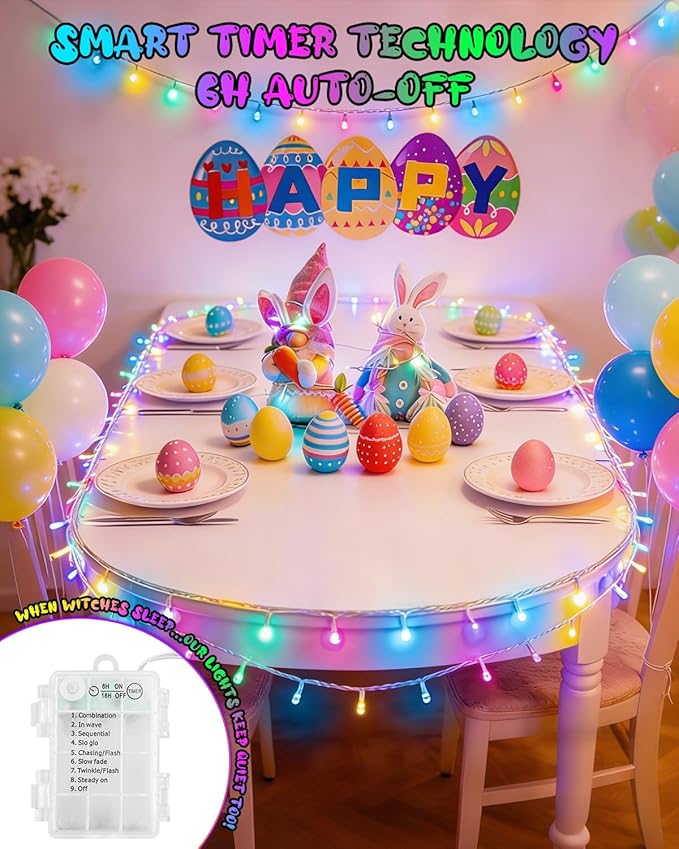 Easter String Lights Battery Operated Pastel with Timer Waterproof 8 Modes 16.4ft 50 LED Easter Decorations for Outdoor Indoor Patio Party Garden Yard Decor
