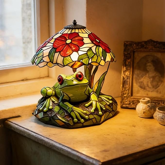 Table Lamp, Frog and Flower Shaped Tables Lights, Rustic Garden Style Stained Glass Tables Lamp, Small Bedside Lamps, Decorative Lamps for Dining Room Nursery Nightstand Home Bedroom Bookshelves