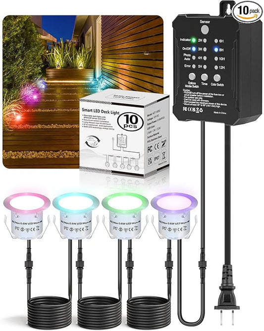 HIBOITEC RGB Deck Lights Kit with Low Voltage Transformer Timer and Photocell Sensor Outdoor IP67 Waterproof for Garden Yard Stair Patio 10 Packs