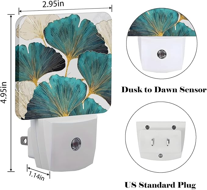 Green Ginkgo Leaves Night Light,Plug Into Wall Decor for Stairway,Hallway,Kitchen,Dusk to Dawn Sensor Nightlights for Boys/Girls/Women/Men Room Gifts