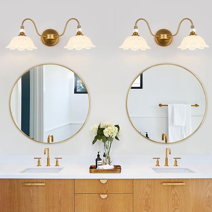 Vintage Bathroom Vanity Light, 2-Light Matte Brass Finish Vanity Light with Floral White Glass Shades, Retro Wall Sconce for Bathroom, Dressing Table