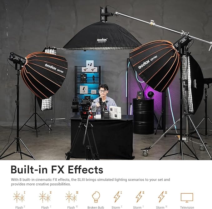 Godox SL200III Daylight LED Video Light, 200W 95600Lux @1M CRI 96+TLCI 97+ Bowens Mount LED Continuous Light, Professional Studio Light with 8 FX Effects&Silent Mode