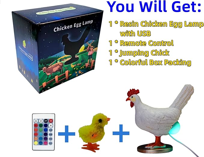 Upgraded Chicken Egg Lamp, Chicken Lamp, 16 Colors Change with Remote Control, 3D Resin Chicken Night Light with USB, Color Gift Box, Easter Birthday Gift for Friends (F)