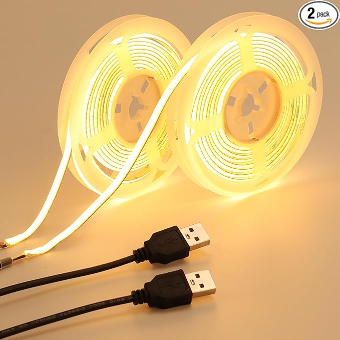 GOMING 5V COB USB LED Strip Light Warm White 3000K 5mm Width USB Powered 13.12ft/4M 400LEDs/M Flexible High Brightness IP20 Not Waterproof LED Tape Lights for DIY Decoration Lighting(2pcs x 6.6ft)