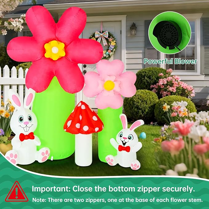 6FT Easter Inflatable Outdoor Decorations, Lighted Bunny Blow Up Yard Decoration with Built-in LED Lights, Spring Flower Mushroom Inflatable Outdoor for Lawn Garden Easter Decor (Spring Inflatable)