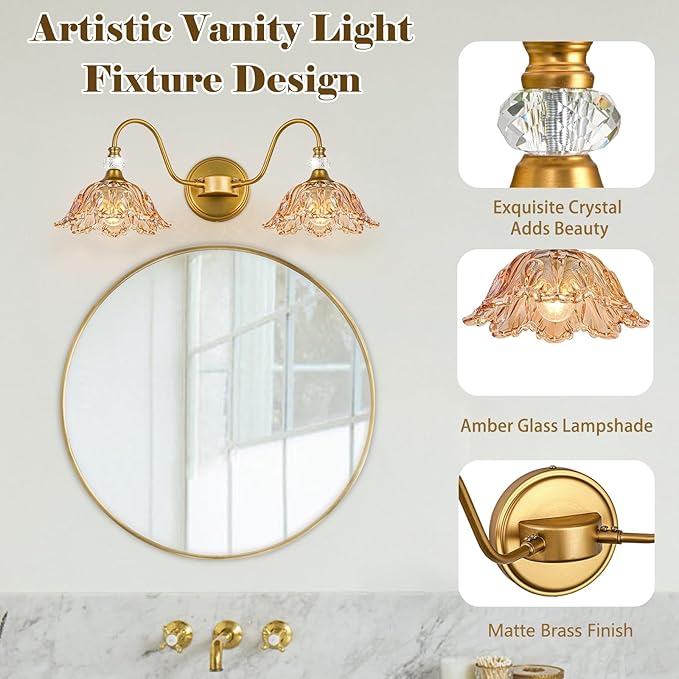 Vintage Bathroom Vanity Light, 2-Light Matte Brass Finish Vanity Light with Floral Amber Glass Shades, Retro Wall Sconce for Bathroom, Dressing Table