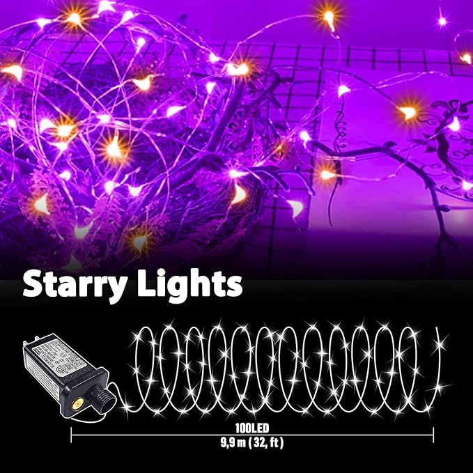 LAMPHOME Halloween Fairy Lights Plug in, 33Ft 100 LEDs Waterproof Twinkle Firefly Lights, Adaptor Included, Starry String Lights for Wedding Indoor Outdoor Christmas Patio Garden, Orange and Purple