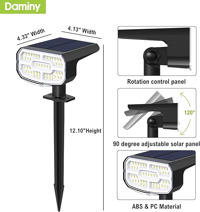DAMINY Solar Spotlights Outdoor Waterproof IP65,2 CCT(Warm White & Cool White),4 Lighting Modes Solar spot Lights for Yard,Garden,Pathway,Landscape,Auto On/Off-4 Pack