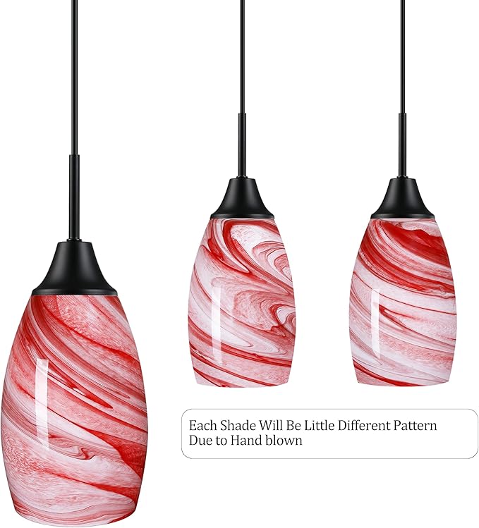 3-Pack Mini Glass Pendant Light with Handblown Burgundy Marble Art Glass Hanging Light 4.72" Oval Ceiling Hanging Light Fixture for Dining Room Kitchen Island Cafe Foyer Hallway