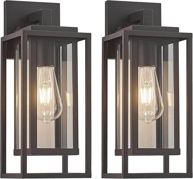 14" Outdoor Wall Light Fixtures Waterproofed Exterior Lantern W/Sturdy Rectangular Double Cage In Old Rust&Clear Tempered Glass,Sconce Mounted For House Patio,Front door,Porch,Yard, Lighting 2Pack