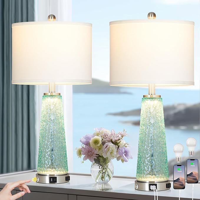 26" Coastal Table Lamps for Living Room, Glass Bedside Lamps with USB A+C Ports & Outlet, Nautical Cracked Glass Nightstand Lamp with Night Light for Bedroom End Table Blue Teal Turquoise Beach Ocean
