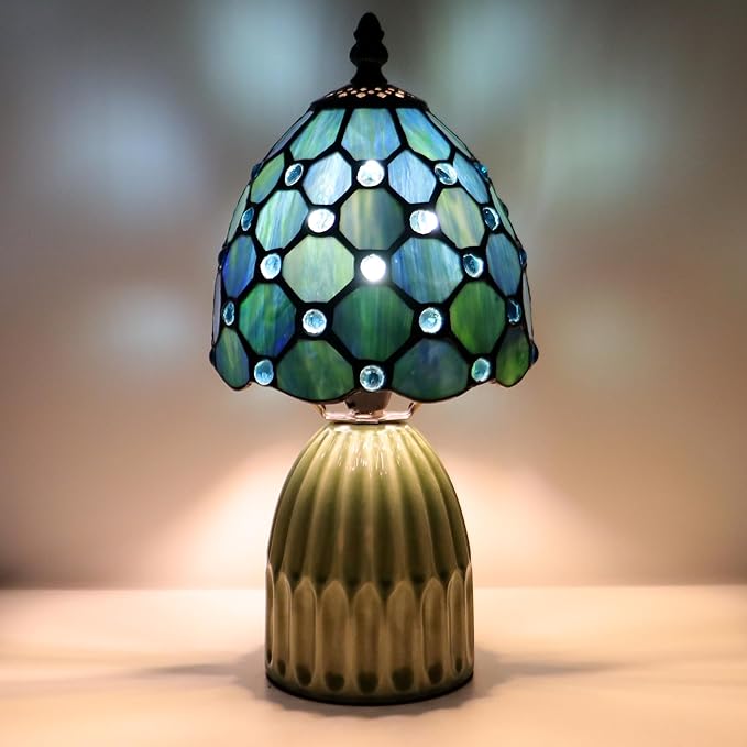 Tiffany Lamp Stained Glass Mushroom Table Lamps 6X6X12.5 Inch Sea Blue Pearl Style Small Night Light Ceramic Base Mini Accent Desk Light Suitable for Bedside Table Bedroom Children Room