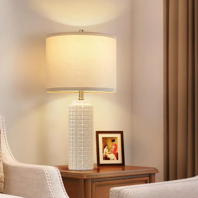 Luvkczc 24.8" Modern Ceramic Bedside Lamp Set of 2, 3 Color Temperature&Bulbs Included - Farmhouse Nightstand Lamps for Living Room Bedroom End Table Office Entryway