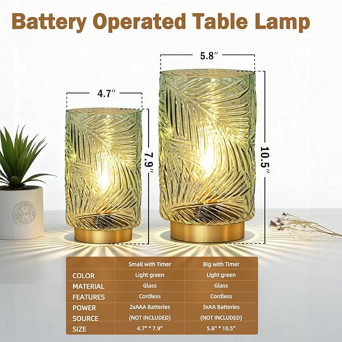 Battery Operated Table Lamp, Cordless Lamps for Home Decor, Battery Powered Nightlight with LED Bulb with Timer, Decorative Lights for Living Room Bedroom Tabletop Entryway Centerpiece Gift(L LGreen)