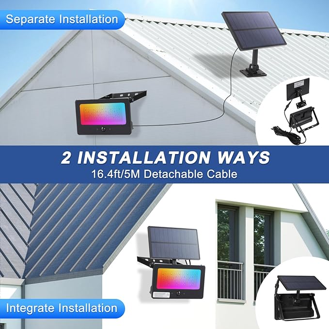 Solar Color Changing Flood Lights Outdoor, 16.4FT Cable 16 Million RGB Solar Powered Party Lights Waterproof with Remote Control for Outside BBQ Bars Stage Shed Courtyard Garden(Multicolor)