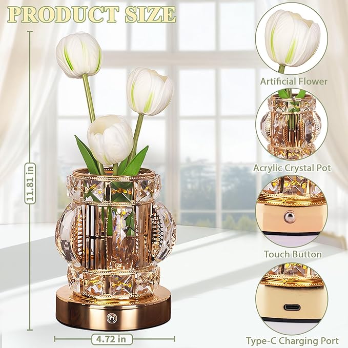 Tulip Table Lamp, Rechargeable Cordless Touch Dimming Artificial Tulip Flower Desk Lamp, LED Crystal Lamp Flower Bedside Night Light, Romantic Gifts for Girl Women Mom (White - Tulip)