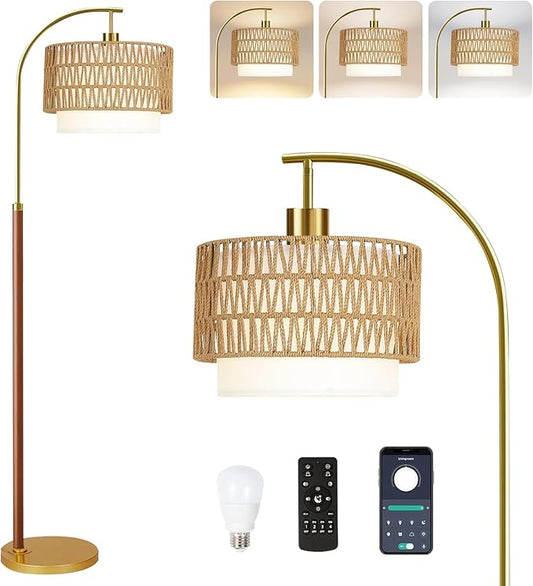 Boho Floor Lamps for Living Room Wood Floor Lamp with Remote Control,Dimmable Rattan Floor Lamps Farmhouse Gold Standing Lamp with 3 Color Temperature Tall Arc Floor Lamp for Bedroom Corner
