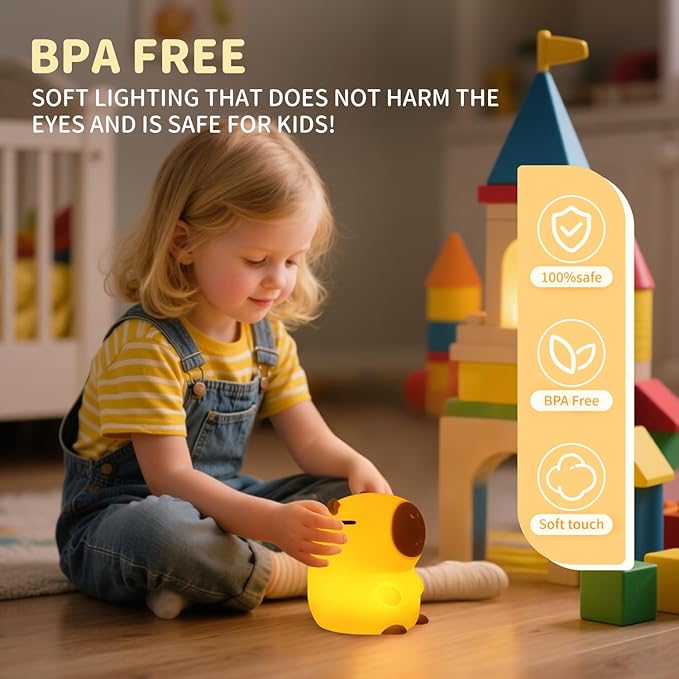 Capybara Night Light Squishy, 50Hrs Nursery Night Light, Touch Control 2 Brightness, 30Min Auto-Off, Rechargeable Bedside Lamp for Baby Kids, [Easter Gifts]
