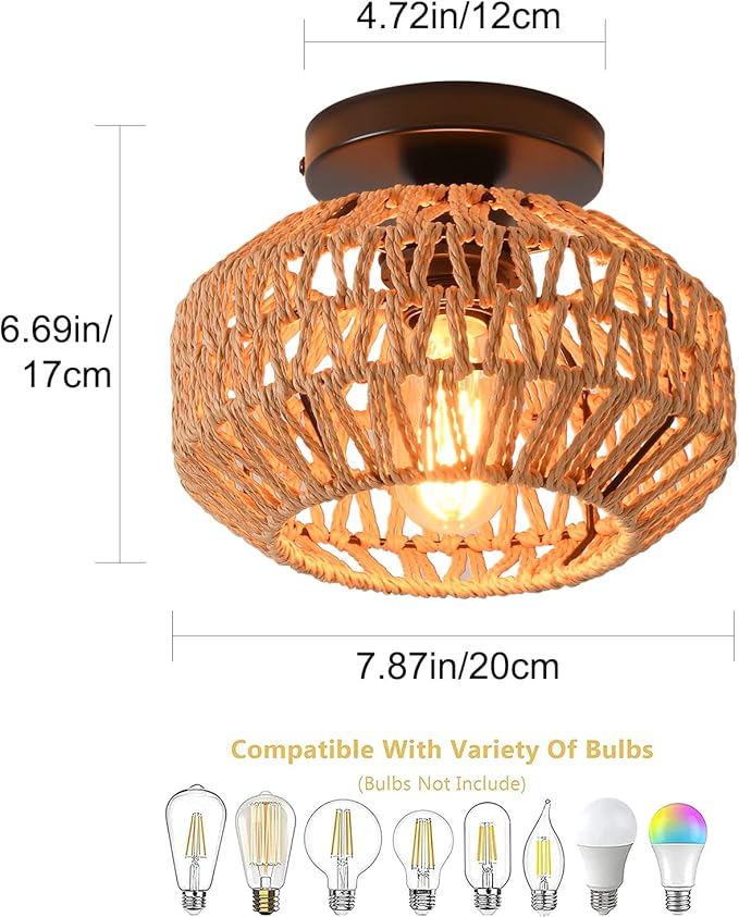 2 Pack Farmhouse Light Fixtures Ceiling Mount,Mini Rattan Boho Semi Flush Mount Ceiling Light,Hand Woven Hallway Light Fixtures for Bedroom Entryway Nursery Study Room