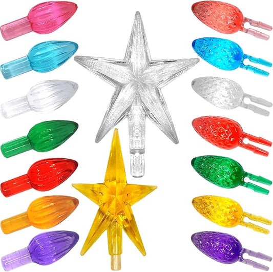 86Pcs Ceramic Christmas Tree Large Replacement Lights Bulbs/Big Tree Pegs for 16 to 30" Oversized Trees Including Twist/Pineapple & 2 Pcs Extra Large Pentagram Tree Toppers