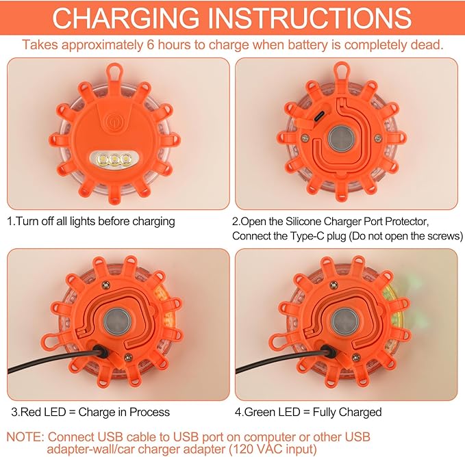 USB C Rechargeable LED Road Flares Emergency Lights with Magnetic Base, 9 Strobe Options Roadside Emergency Warning Car Safety Beacon Flashing Disc Flare Kit for Vehicles & Boat, 3 Pack