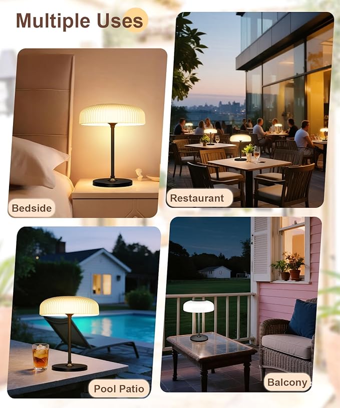 Outdoor Cordless Table Lamp - Waterproof Shower Lamp Battery Operated, 2 Color Dimmable Touch Lamps Rechargeable, Mushroom Design Solar Table Light for Patio Bathroom Camping, Christmas Gift for Women