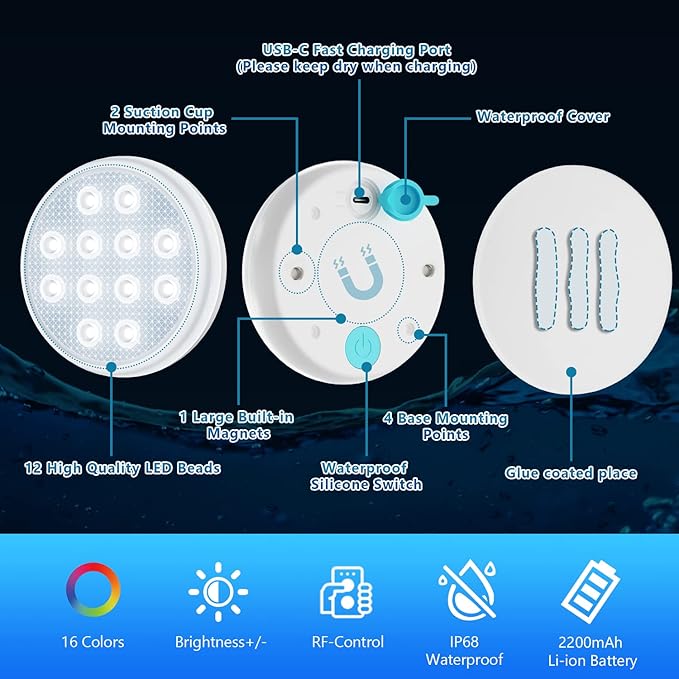 Pool Lights, Rechargeable Submersible LED Lights, IP68 Waterproof Underwater Light, 16 Color Changing Floating Lights with Remote, Magnets, for Bathtub,Pond,Party-6 Pack