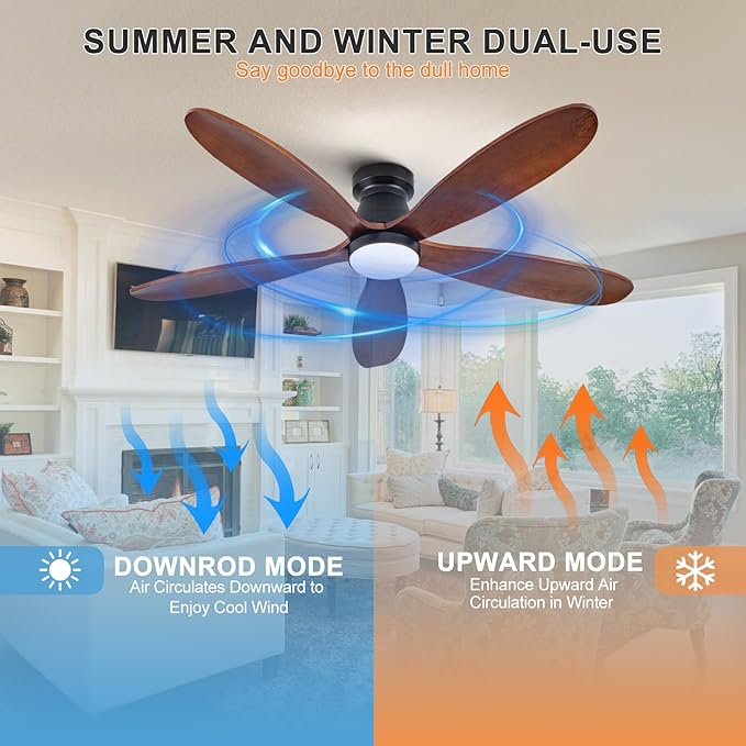 48 Inch Ceiling Fans with Lights and Remote, Low Profile Flush Mount Modern Wood Ceiling Fan with Light, 5 Blades, Dimmable, Wall Switch, 6 Speed DC Motor, Indoor Outdoor Ceiling Fan