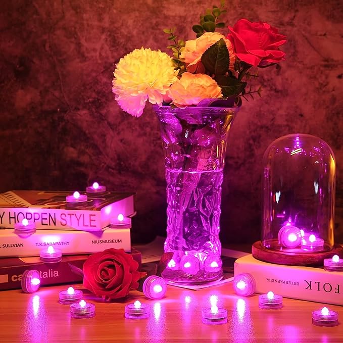HL Submersible LED Lights,Pink Small LED Light,100 Hours Waterproof Flameless Led Lights Battery Powered for Wedding Home Vase Festival Party Decoration 24pcs(Built-in 48 Batteries)