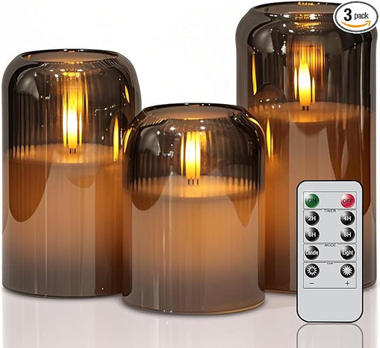 DRomance Glass Flameless Candles with Remote and Timer Battery Operated 3 Pack Real Wax Striped Gray LED Flickering Pillar Candles Dinner Wedding Halloween Christmas Holiday Decor(3" D x 4",5",6" H)