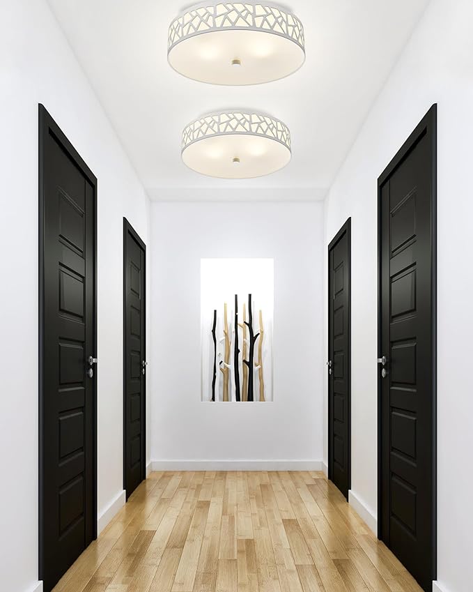 2-Light Flush Mount Ceiling Light, 12 inch Modern Ceiling Light Fixture with White Metal and Frosted Glass Shade for Hallway, Kitchen, Bedroom