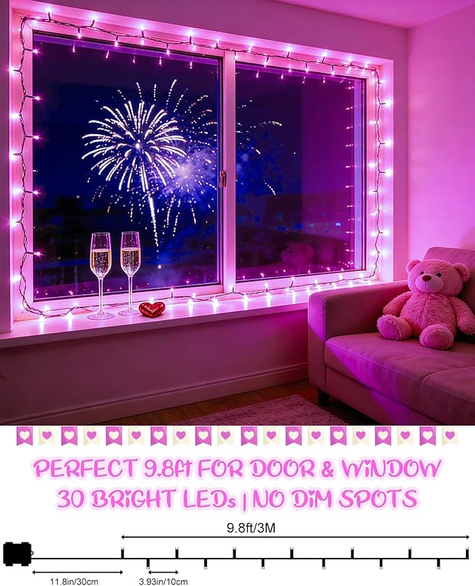 Pink String Lights Battery Operated, Valentine’s Day Lights with Timer Waterproof 9.8ft 30 LED Valentines Decorations for Outdoor Indoor Patio Party Garden Yard Decor 2 Packs