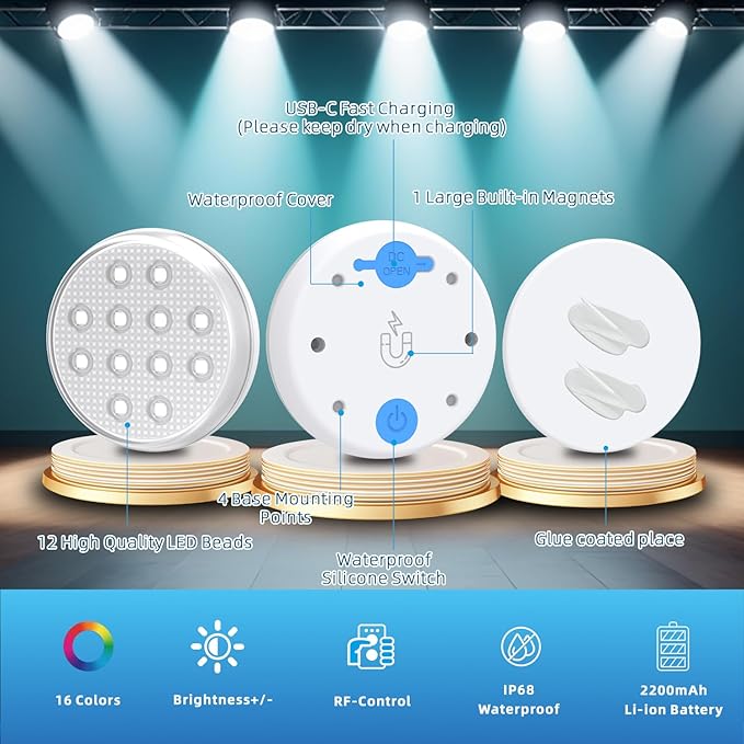 Pool Lights, Submersible LED Lights with Remote, IP68 Waterproof 16 Color Rechargeable Floating Lights, Built-in Magnet Underwater Lighting for Inground Above Ground Pool Fountain (2 Pack)