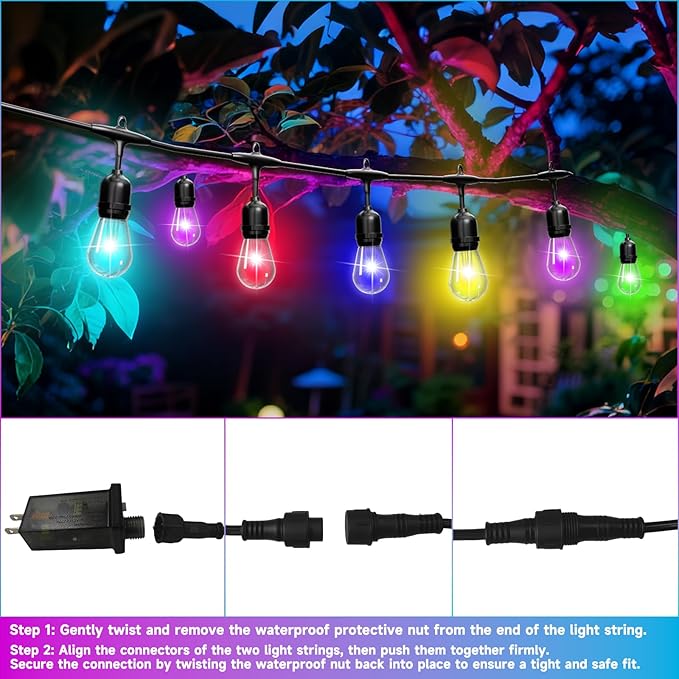 RGB Safety String Lights 100FT - Commercial Grade Low Voltage Strand with 40+2 S14 Shatterproof Bulbs for Tree Garden Yard bistro Cafe | RGB Party Lights & Outdoor Lights | IP65 Waterproof | UL Listed