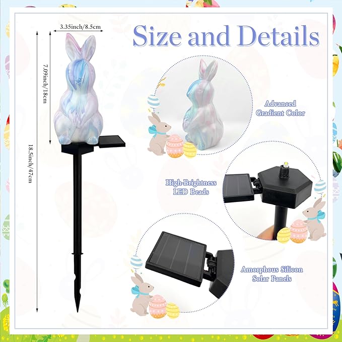 2 Pack Solar Easter Bunny Lights Outdoor, Waterproof Solar Easter Decorations Outdoor Bunny Rabbit Light Easters Yard Stakes Lights for Outside Lawn Walkway Patio (Blending Colors)