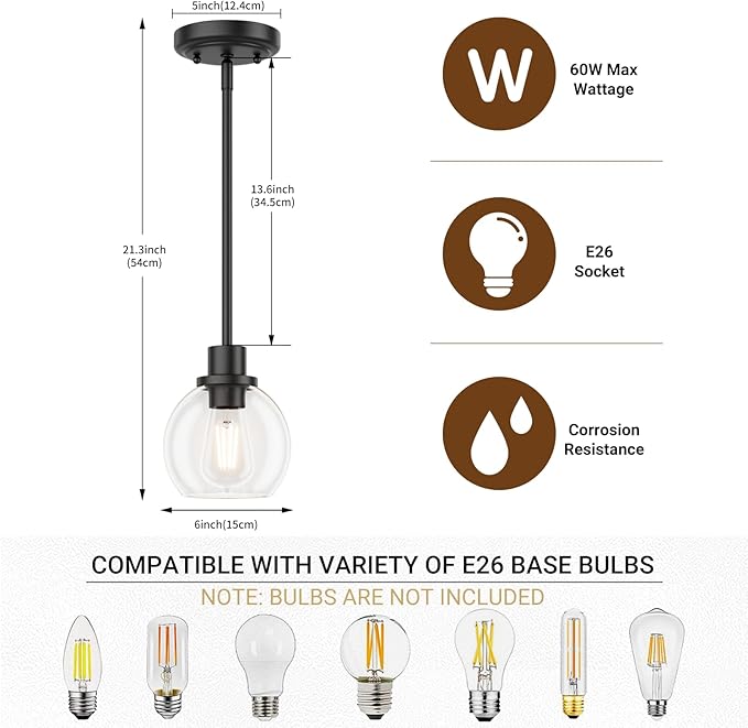 Ralbay Black Pendant Light Kitchen Island Industrial Pendant Light Fixtures with Globe Clear Glass Shade, Farmhouse Dining Room Hanging Lighting Fixture for Kitchen Island, Matte Black 2-Pack