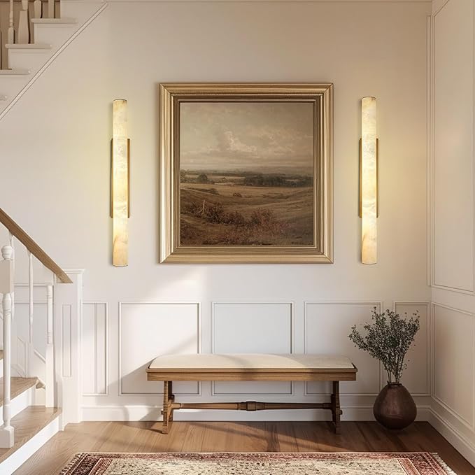 Brass Alabaster Wall Sconces, Spanish Natural Marble Wall Sconce, 36" Long Stone Wall Sconce Dimmable, Gold Alabaster Sconces Wall Lighting Indoor, Marble Wall Light for Bathroom, Living Room,Entryway