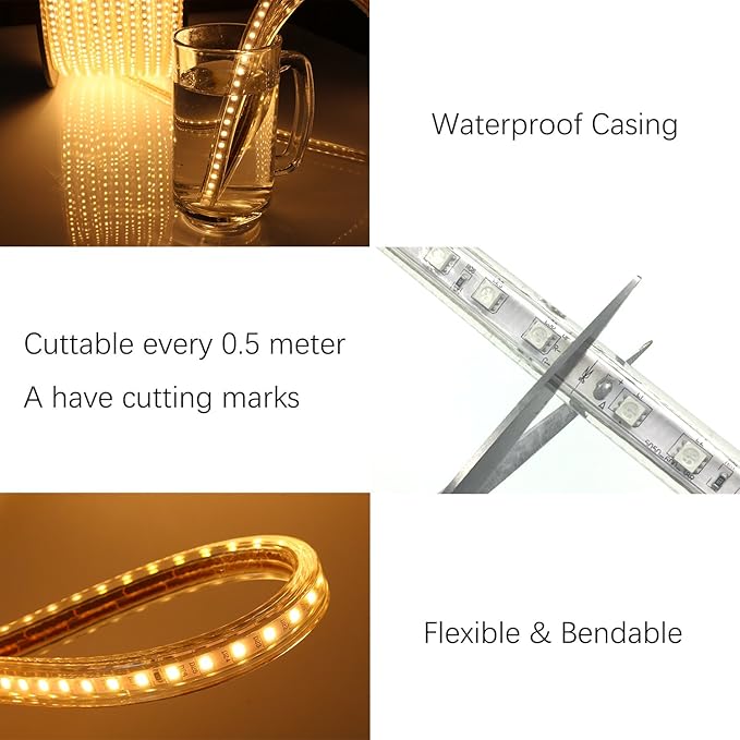 5050-60 Type AC 110-120V LED Strip Lights, Flexible/Waterproof/Dimmable/Multi-Modes LED Rope Light + 23 Keys Remote for Home/Garden/Building Decoration (98.4ft/30m, Natural White 4000K)