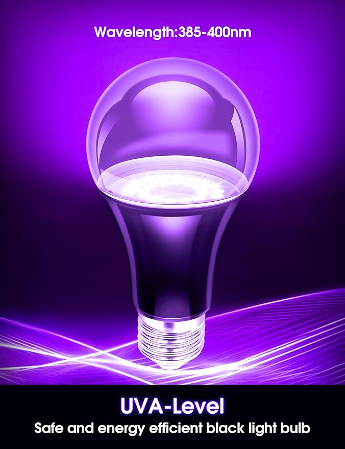 Black Light Bulbs 4 Pack, A19 LED Black Light Bulbs for Glow in The Dark 9W (100W Equivalent) E26 Base, Black Lights Party, Fluorescent Poster, Body Paint,Neon Glow
