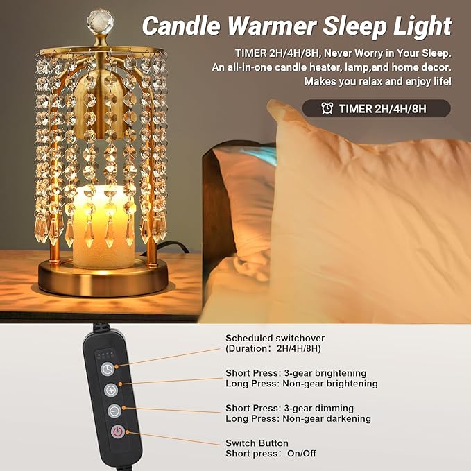 Gold Candle Warmer Lamp With Timer and Dimmer - Electric Crystal Lamp for Bedroom Decor, Flameless Scented Light, House Warming Gift, Christmas Gifts for Women