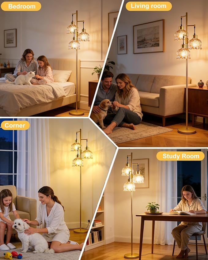 Lightdot 3-Light Lotus Floor Lamps 65'' Dimmable Floor Lamp with Brown Glass Shade& E12 Bulbs Included, Mid Century Tall Flower Lamp for Living Room/Bedroom/Sofa Beside/Corner Decor-Gold