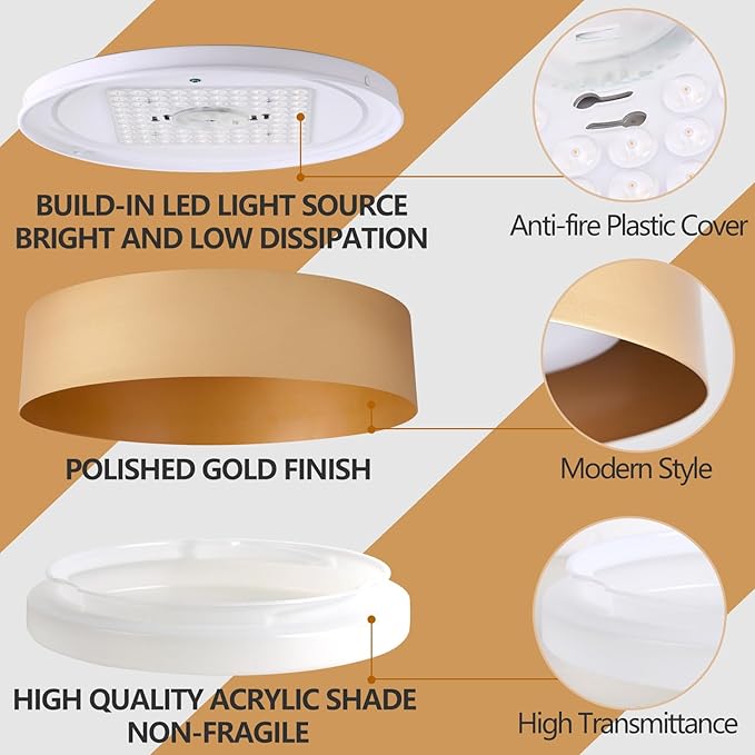 Bargeni Flush Mount Ceiling Light, 16.5 inch LED Ceiling Light Fixture, Polished Gold Finish, Dimmable/3000K/18W, Outdoor Flush Mount Lighting Fixture