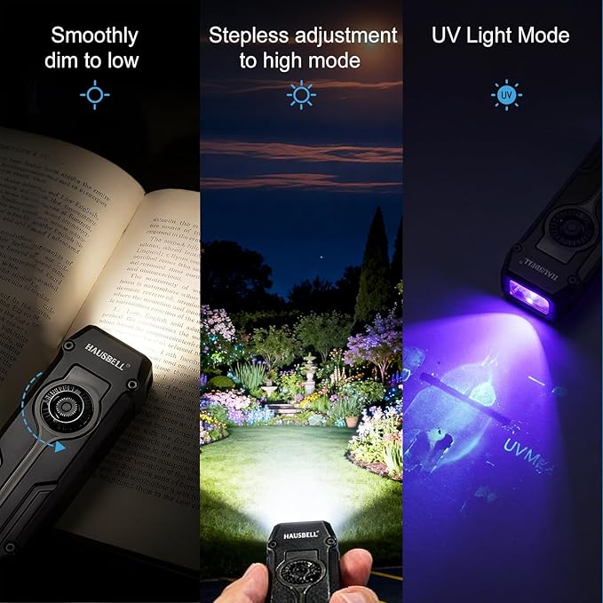 HAUSBELL Flat EDC Flashlight 1800 High Lumens, Stainless Steel Rechargeable Pocket Light with UV Blacklight, Red Light for Cats, Arrow-Shaped RGB Beacon, Magnetic Work Light, USB-C Stepless Dimming