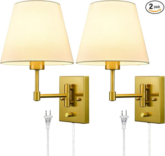SAMTEEN Gold Plug-in Wall Sconces Set of Two Beige Shade Brass Swing Arm Wall Lamp with Plug-in Cord Wall Mount Light for Bedroom Living Room