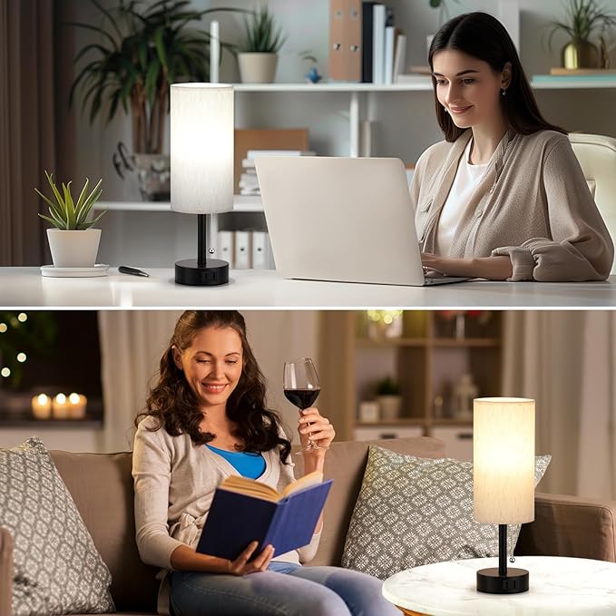 Fenmzee Bedside Table Lamp for Nightstand - 3 Color Temperatures Pull Chain Lamp with AC Outlet Charging Port, Round Night Stand Light for Bedroom Living Room, Small Bed Side Light with E26 LED Bulb