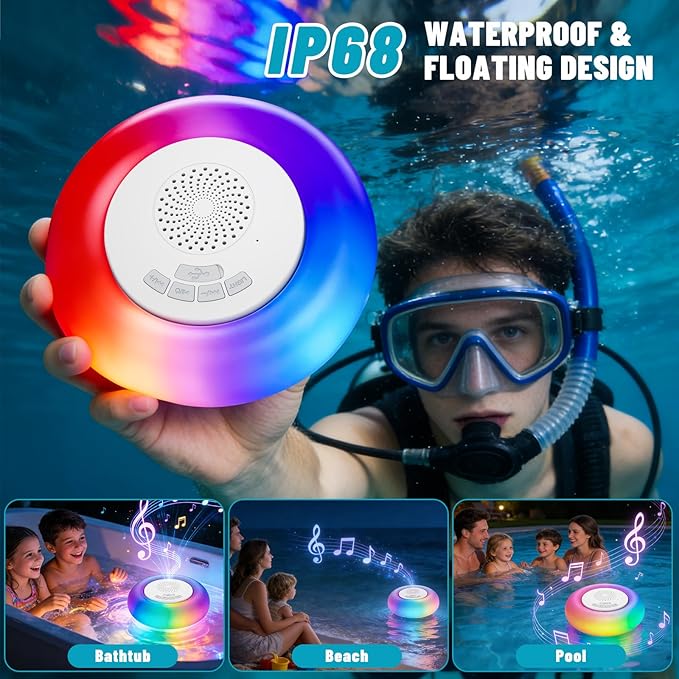 Floating Bluetooth Pool Speaker with 8 RGB Lights,IP68 Waterproof, 360° Hi-Fi Sound, Long Battery Playtime, Hands-Free Call, Outdoor Hot Tub Spa Speaker for Pool Party, Shower & Beach, 2 Packs