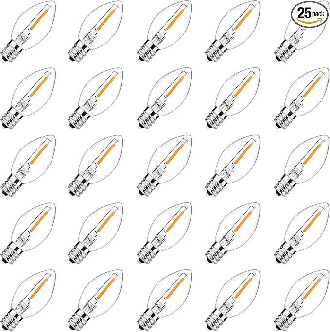 GOOTHY 25 Pack C7 Led Replacement Christmas Light Bulb, 0.6W C7 Clear Glass LED Bulbs for Christmas Outdoor String Lights Electric Window Candles, E12 Candelabra Base Night Light Bulbs, Warm White